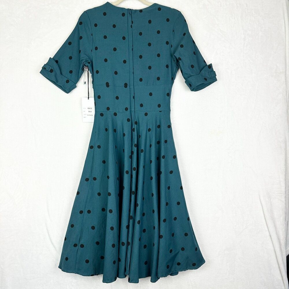 Unique Vintage Delores Swing Dress Size Medium 6/8 NWT Teal Black Dot Rockabilly - Picture 2 of 6